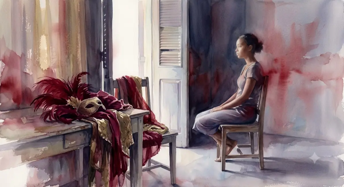A woman by a window, a carnival costume resting on the table