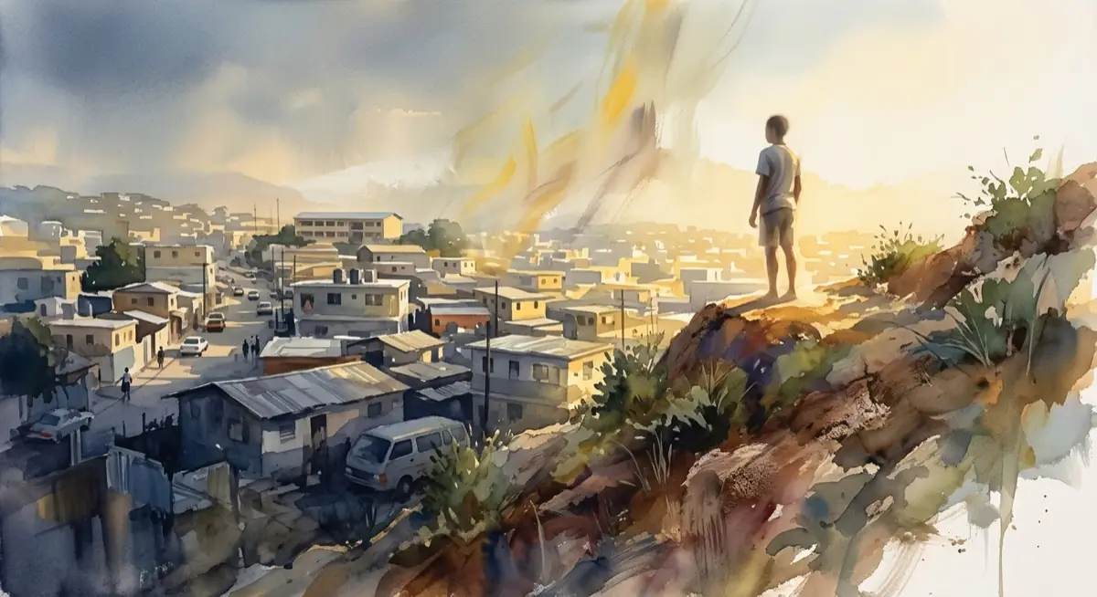 A figure on a hillside above a town at first light