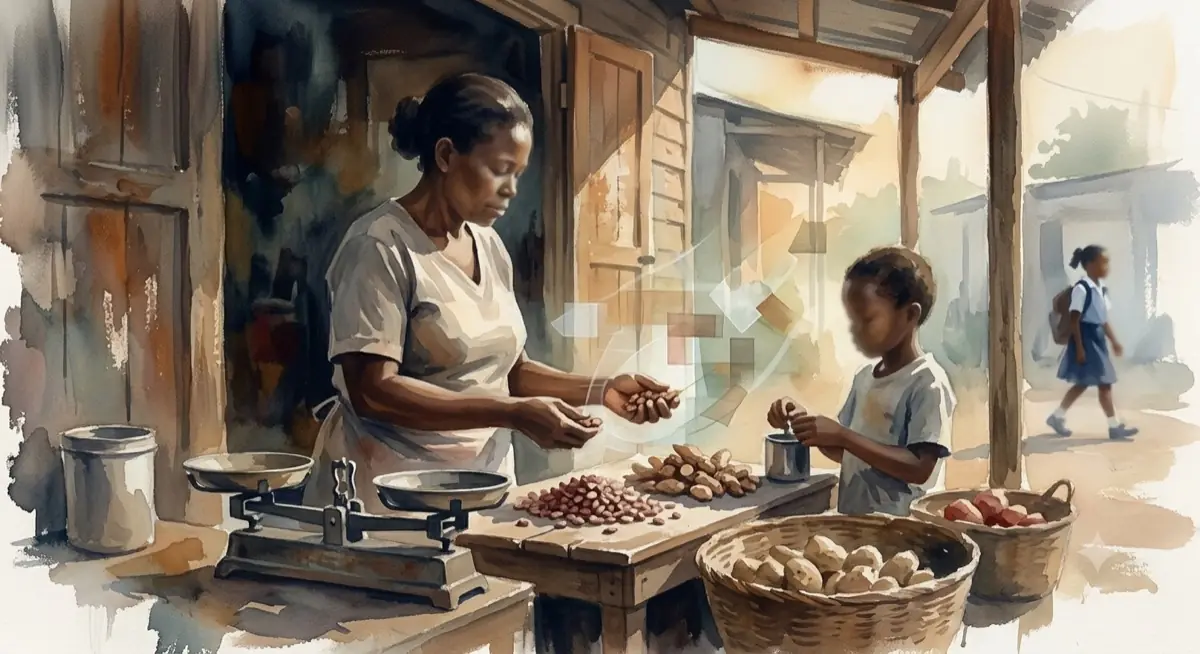 A market woman weighing produce on a spring scale