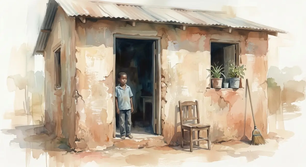 A child in the doorway of a small board house
