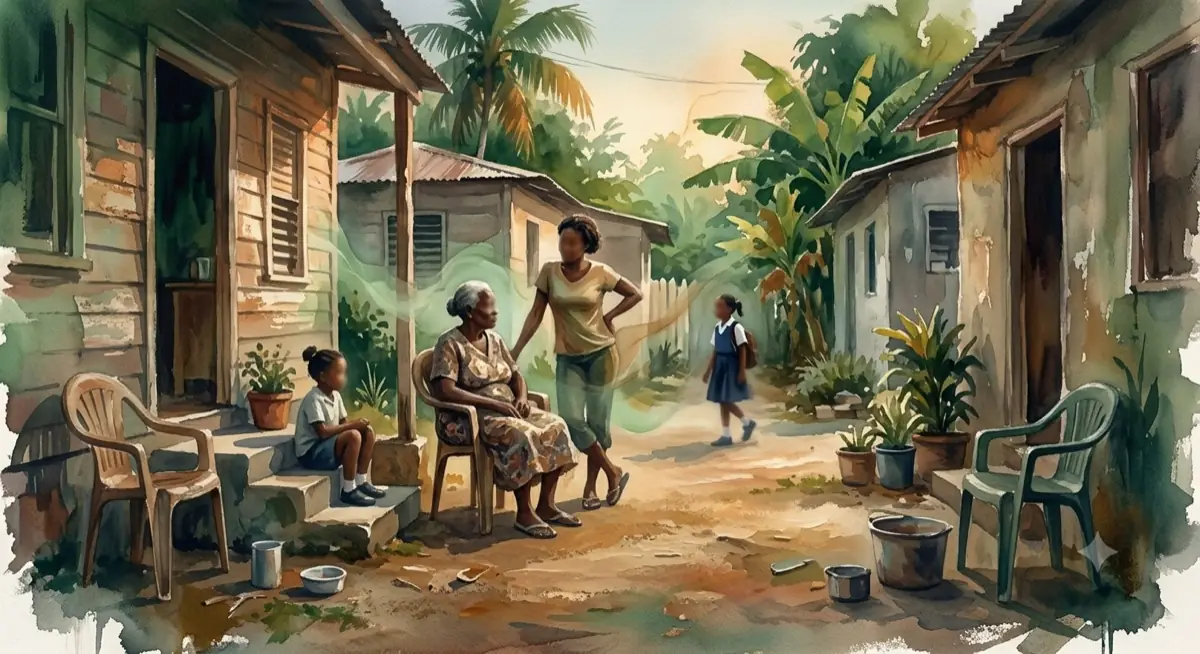 A yard between houses at evening, chairs drawn together